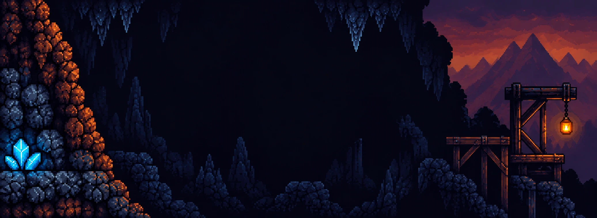 Pixel-art cave panorama with blue crystals, a lantern and the sunlit Jade Pyramid