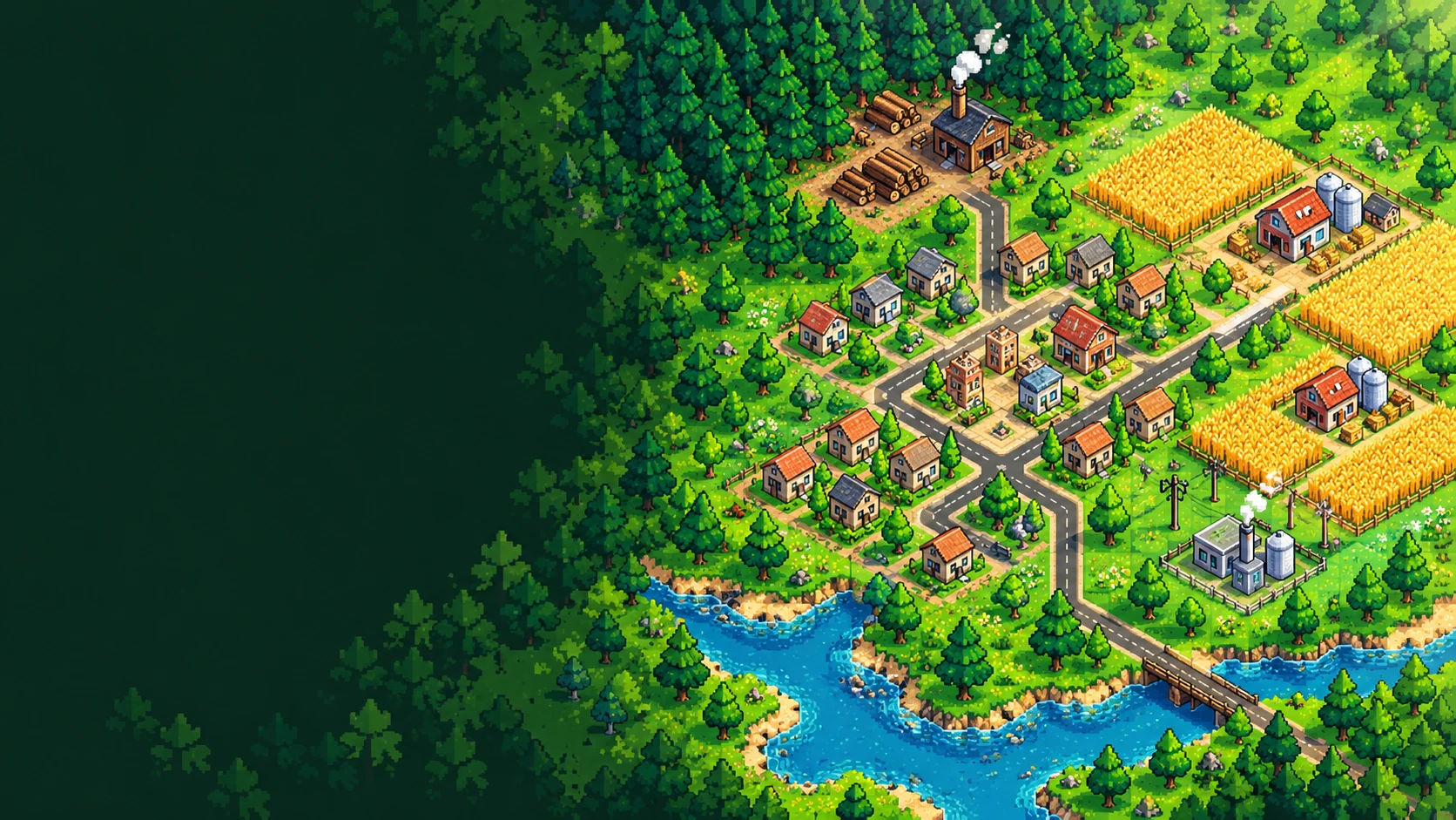 Promotional pixel-art valley with farms, roads, housing, a sawmill and power infrastructure