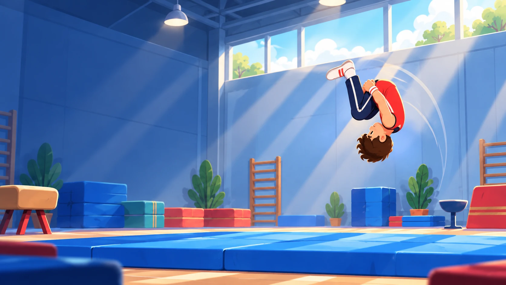 Promotional illustration of a red-shirted gymnast performing a tucked backflip above blue gym mats