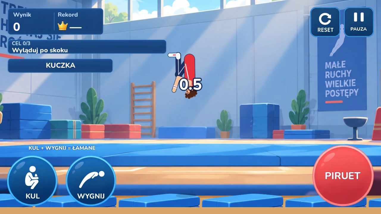 GymFlip development build: a gymnast rotating in a tucked floor backflip, with Polish takeoff and body-shape controls