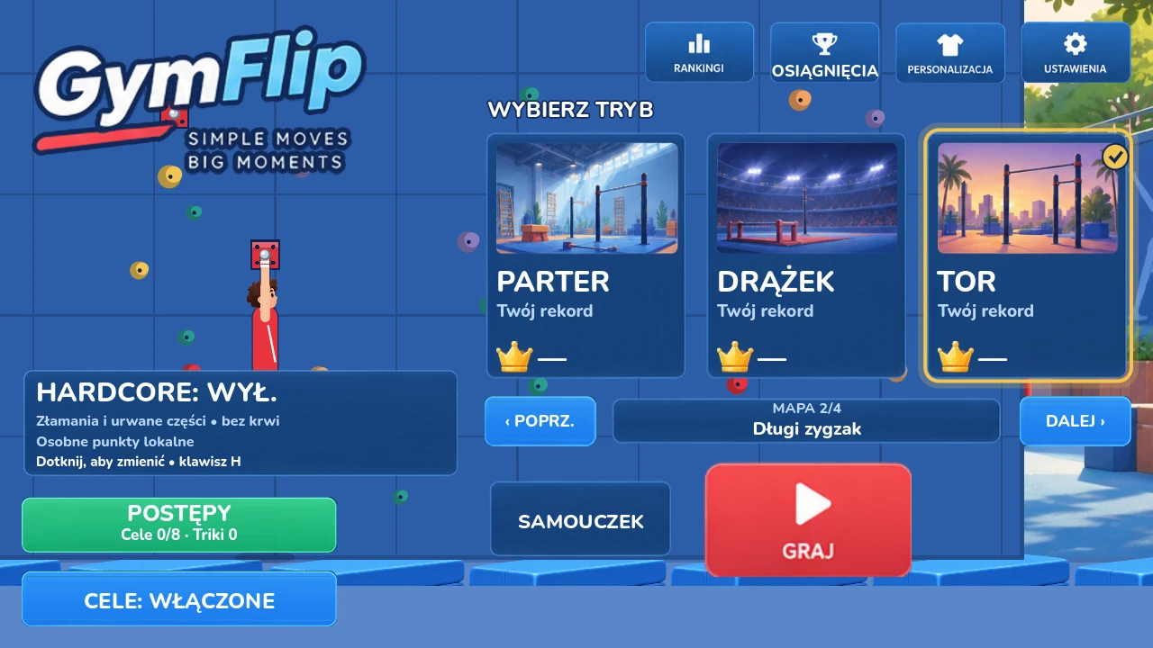 GymFlip development menu with floor, high bar and course modes and route 2 of 4, Long Zigzag, selected