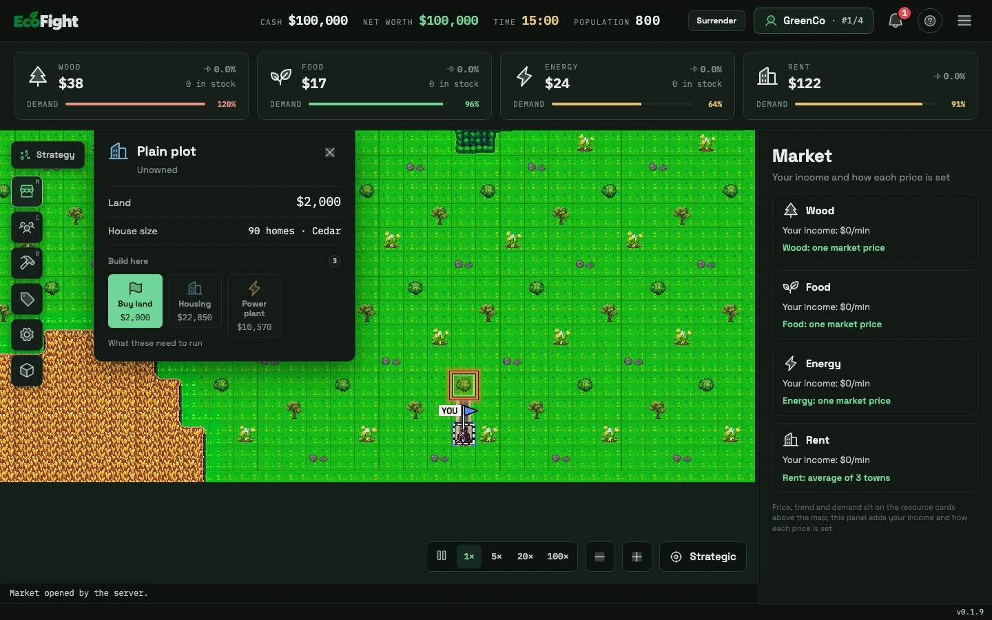 EcoFight local development build with a selected land tile, its price and available land and building actions beside the market