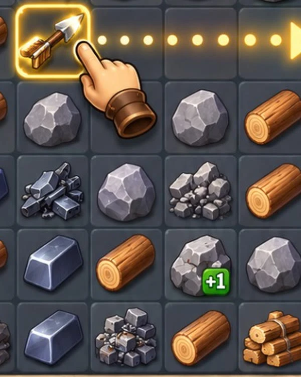 Untitled match-3: concept art of an arrow power-up dragged across a board of wood, stone and iron