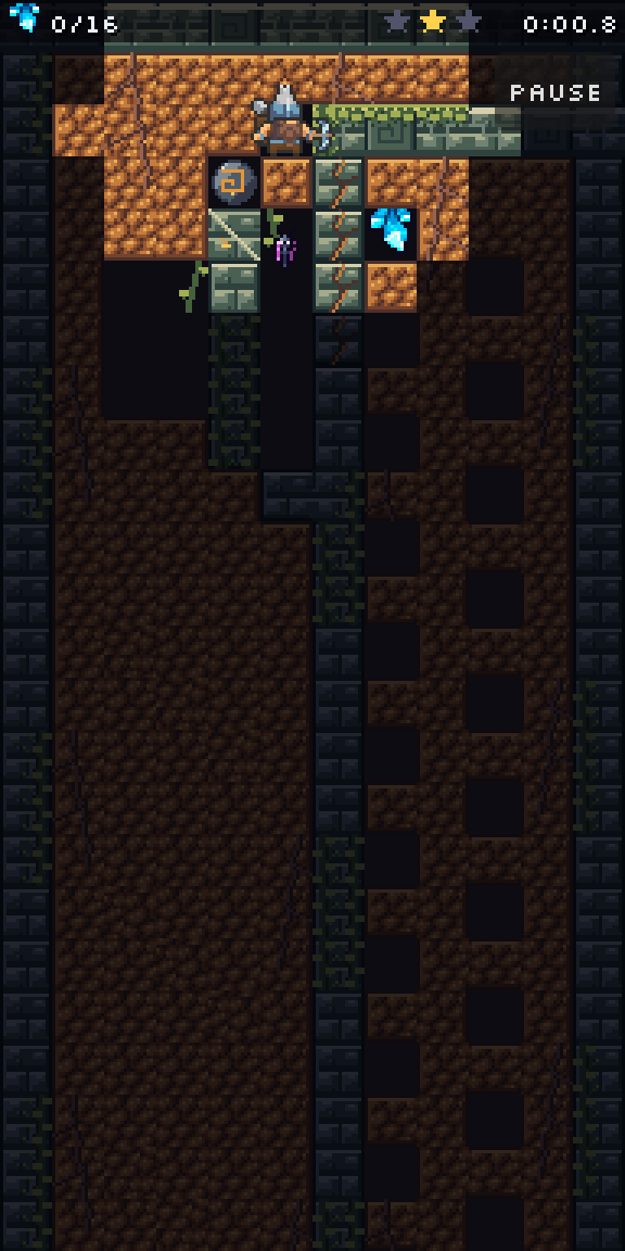 Deeper Jade Pyramid development gameplay showing the miner, a stone sphere, a diamond, vines and stepped cave passages