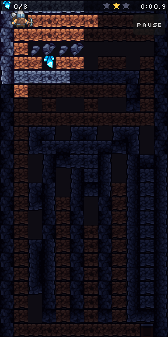 Deeper development build: the miner at the top of a Rock cave, with diamonds, falling stones, dark passages and the cave HUD